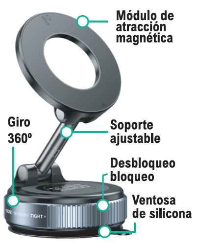 Soporte para el móvil en el coche con ventosa | Magnético 360º