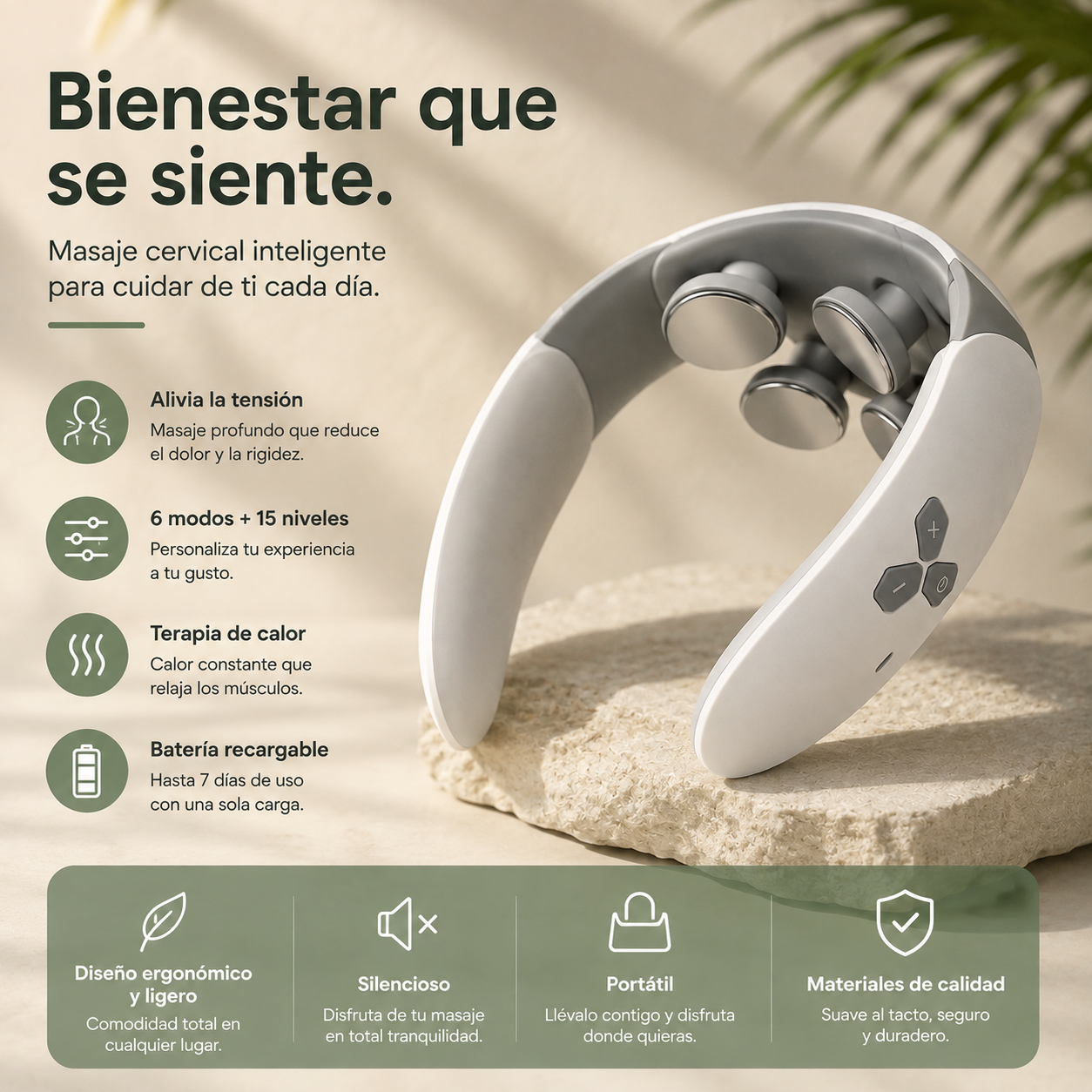 Bienestar que se siente: masaje cervical inteligente, 6 modos y 15 niveles, terapia de calor, batería recargable